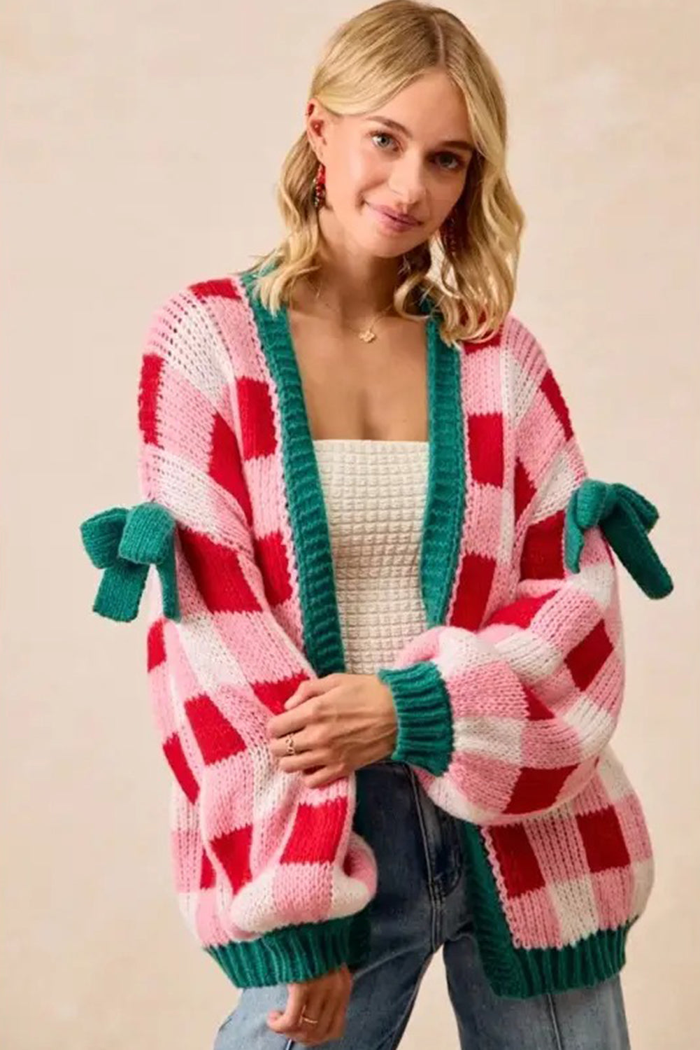 Pink Colorblock Checkered Open Front Knit Cardigan💕