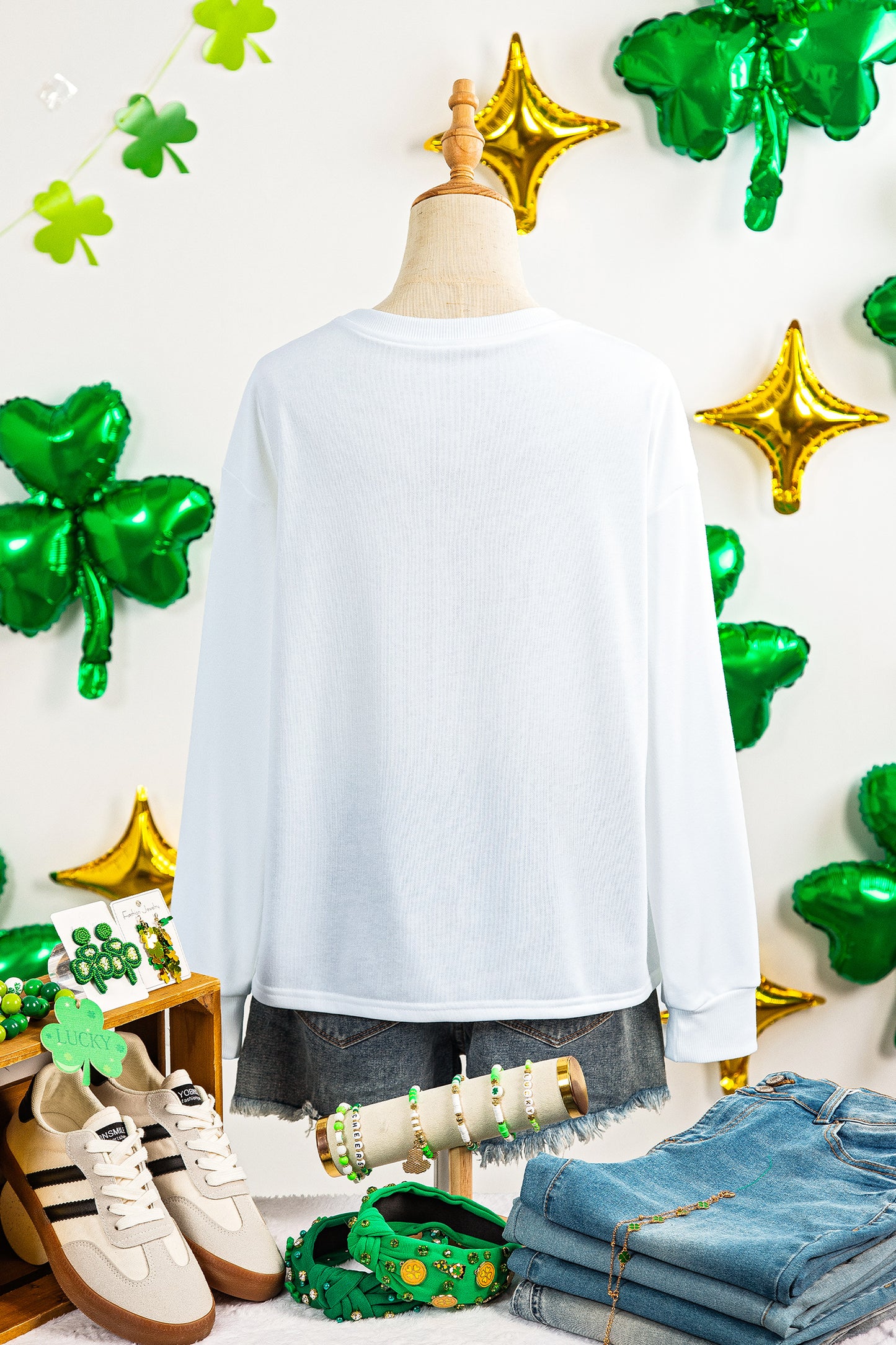 White Embroidered lucky Clover Graphic Long Sleeve Top