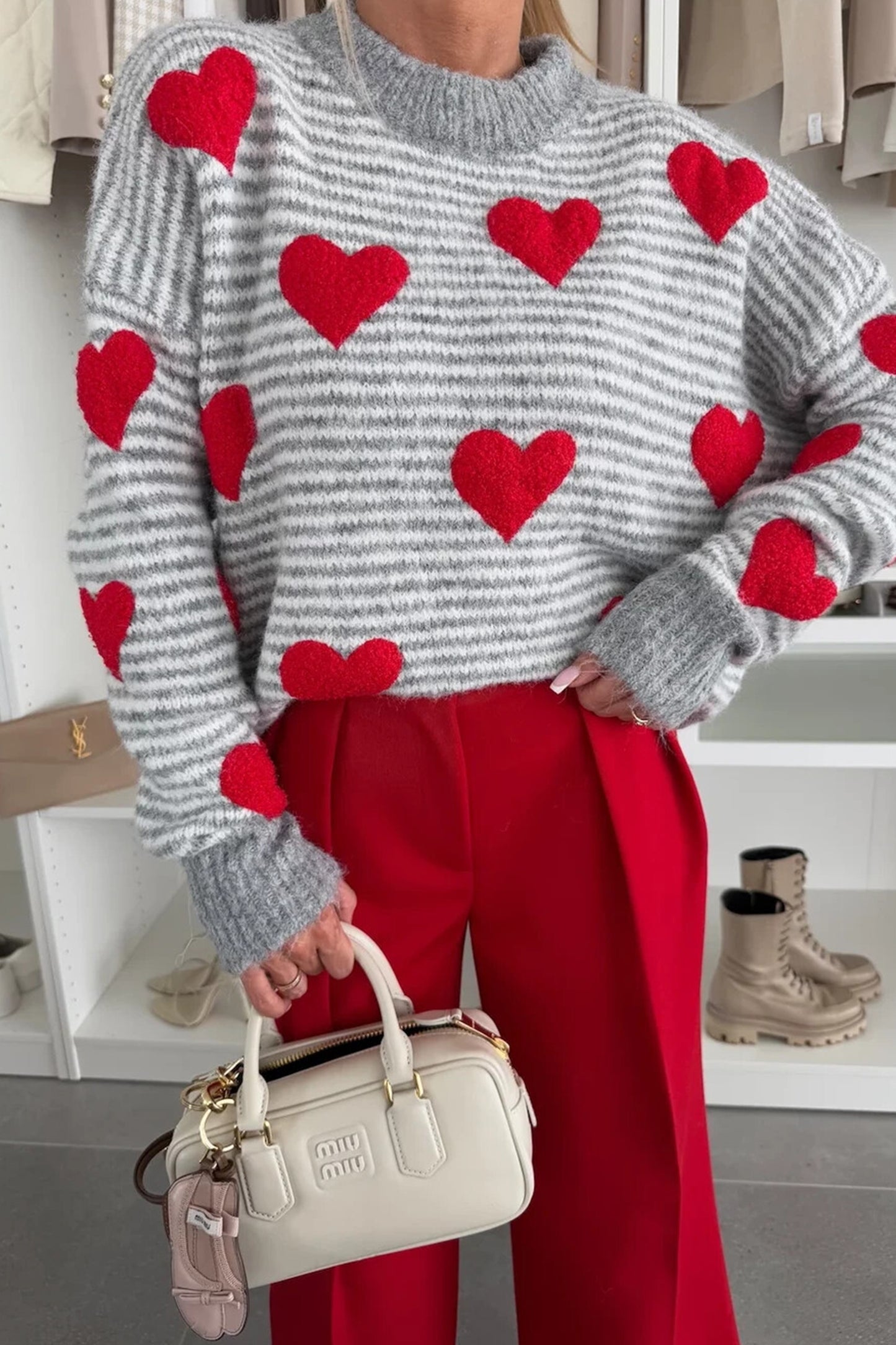 Gray Stripe Contrast Heart Pattern Valentine Knit Sweater♥️