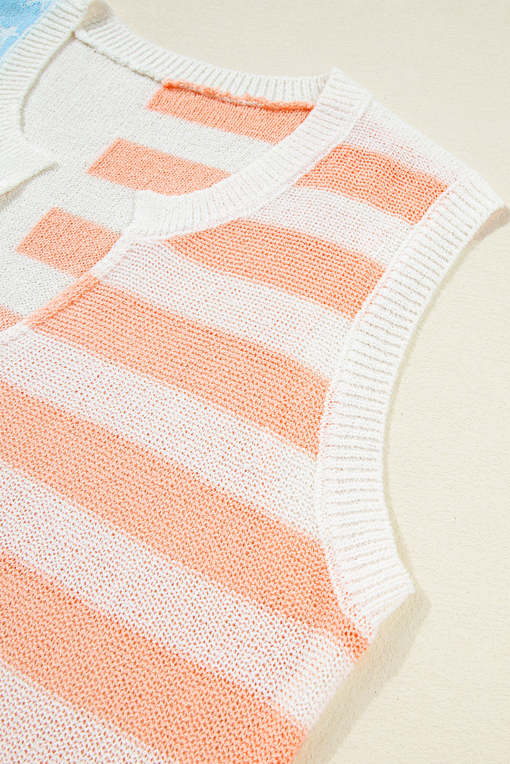 Beige USA Flag Notched Neckline Loose Knit Vest