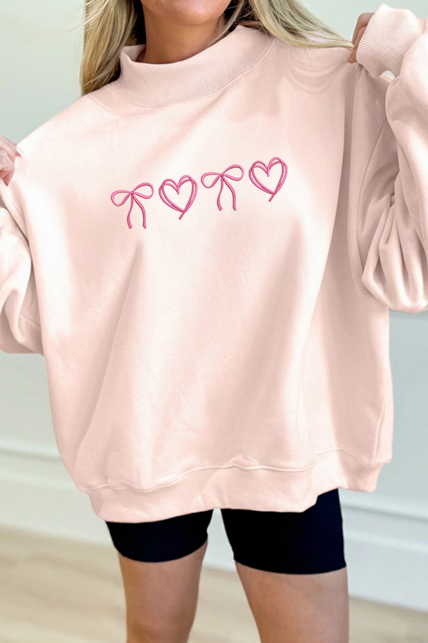 Apricot Pink Valentines Bow Heart Embroidered Mock Neck Sweatshirt💕🎀