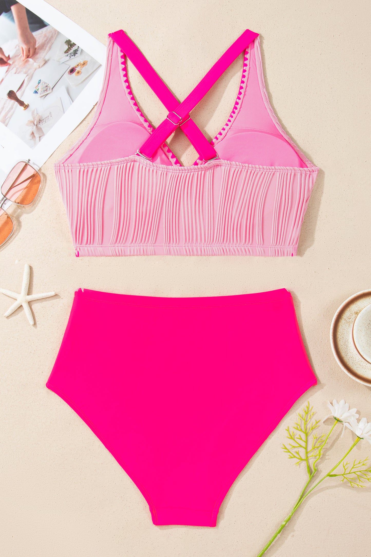 Pink Shell Stitched Trim V Neck Textured Mix and Match High Waist Bikinis
