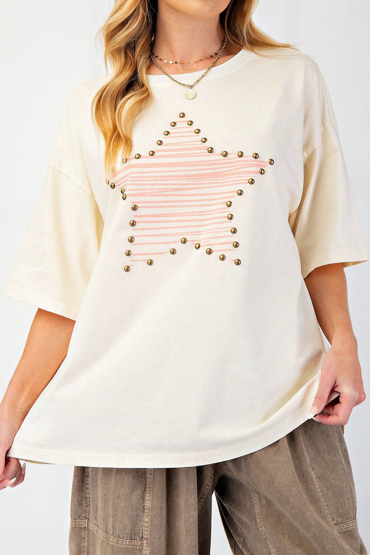Beige Star Print Stud Detail Cotton Jersey Top🌟