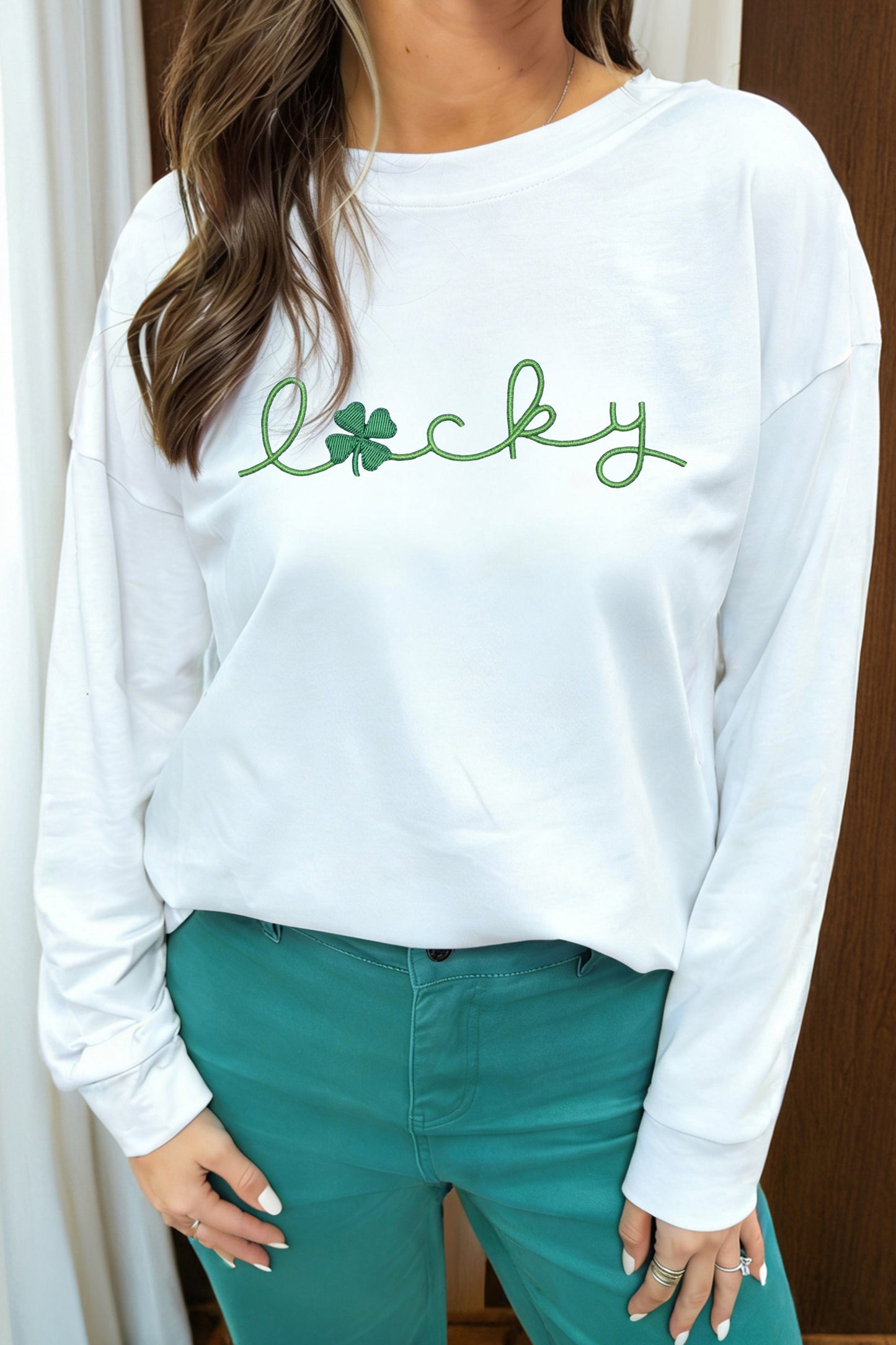 White Embroidered lucky Clover Graphic Long Sleeve Top