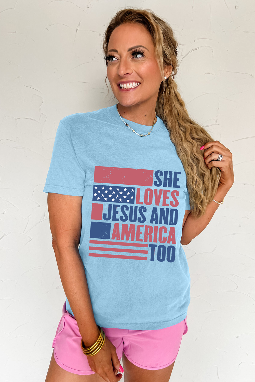 Light Blue SHE LOVES JESUS AND AMERICA TOO Heat Transfer Printing Patriotic T Shirt 🇺🇸