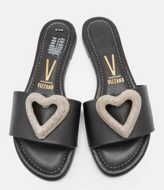 VIZZANO flat black sandals with decorative silver heart🖤