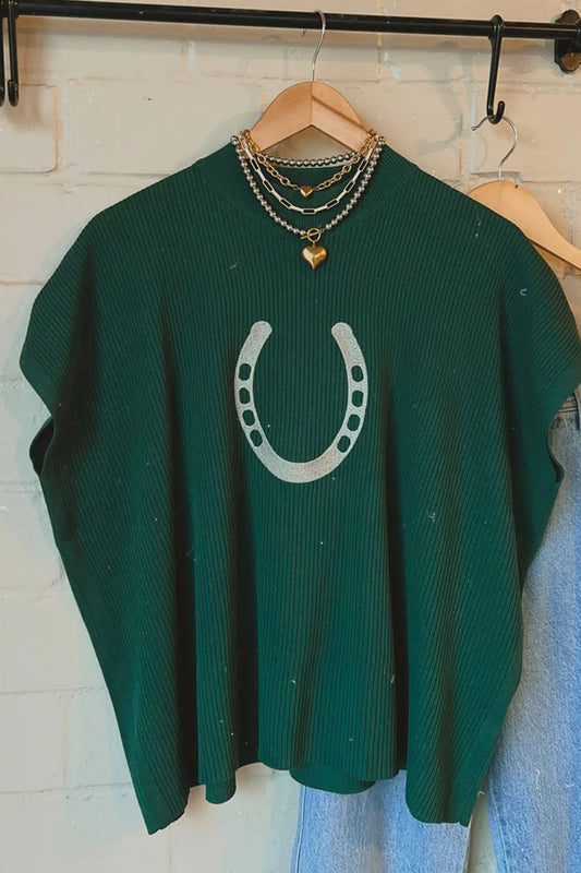 Blackish Green Horse Shoe Graphic Western Short Sleeve Sweater