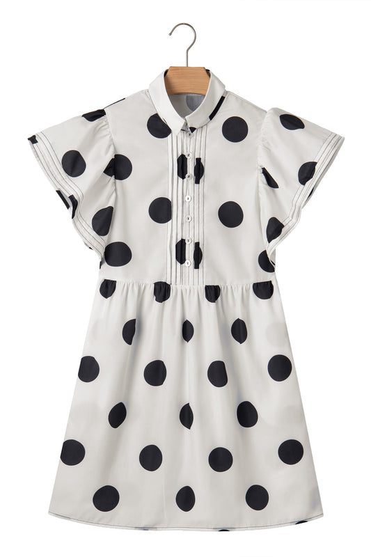 White Polka Dot Print Half Button Ruffled Short Sleeve Loose Mini Dress