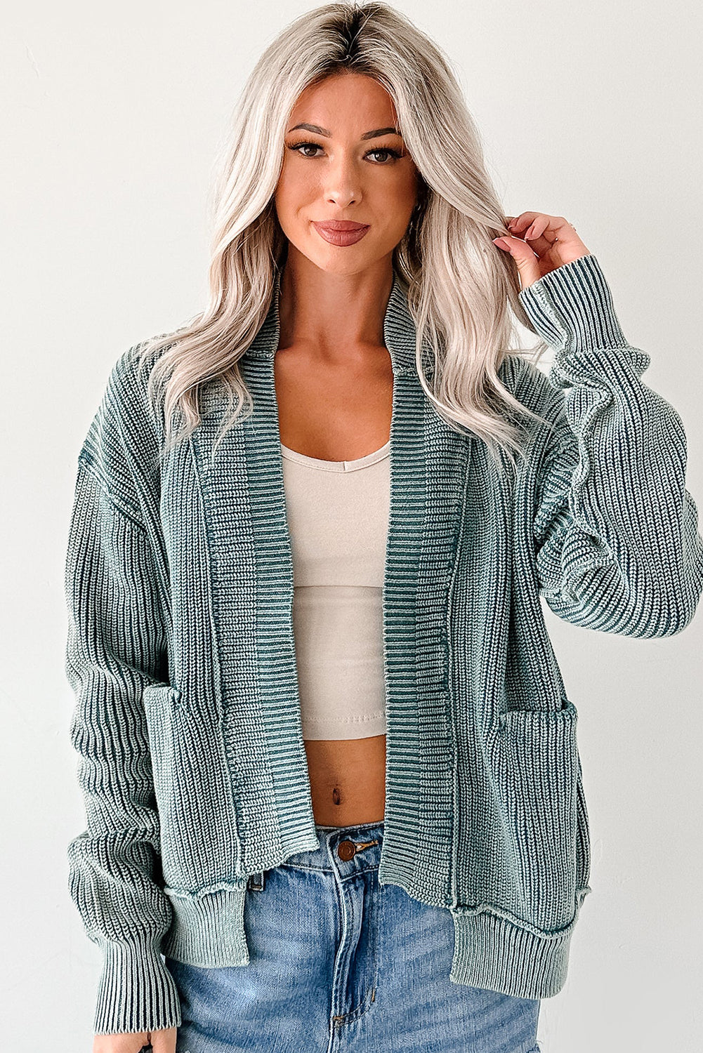Evergreen Mineral Wash Exposed Seam Patchwork Knit Cardigan🩵