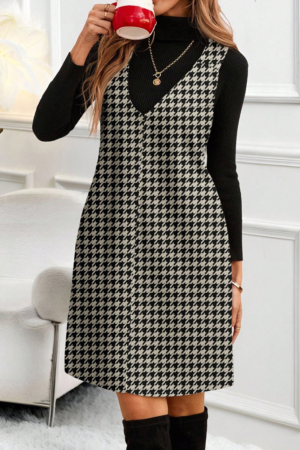 Khaki Houndstooth Print V Neck Sleeveless Mini Dress🪄👸🏻