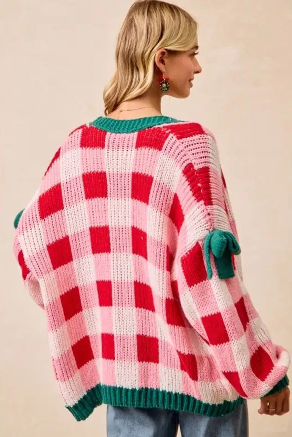 Pink Colorblock Checkered Open Front Knit Cardigan💕