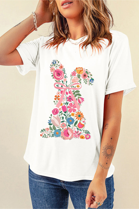 White Floral Easter Bunny Casual Graphic Tee🐰🌸💕