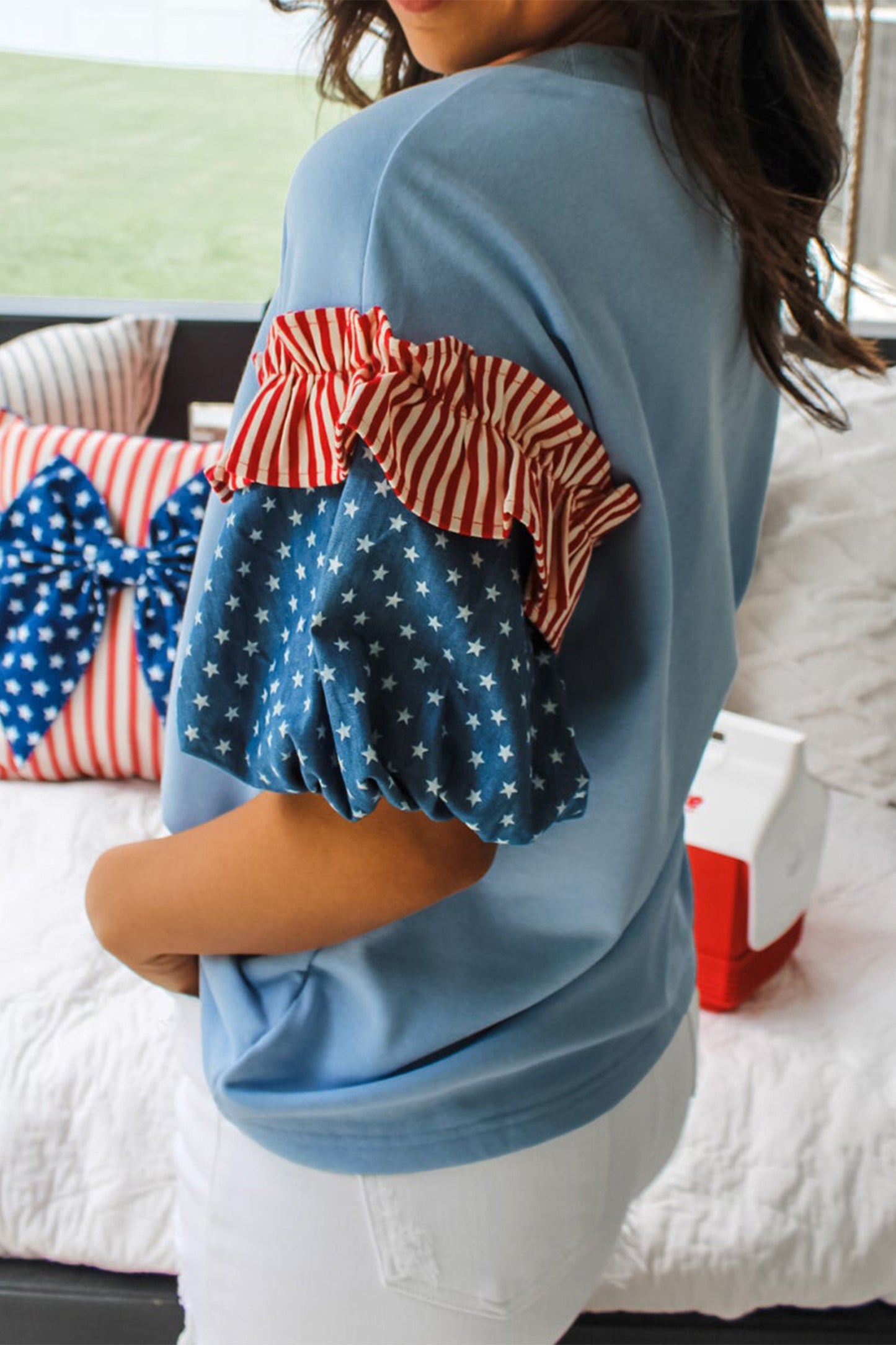 Beau Blue Stars Stripes Short Puff Sleeve Top🇺🇸