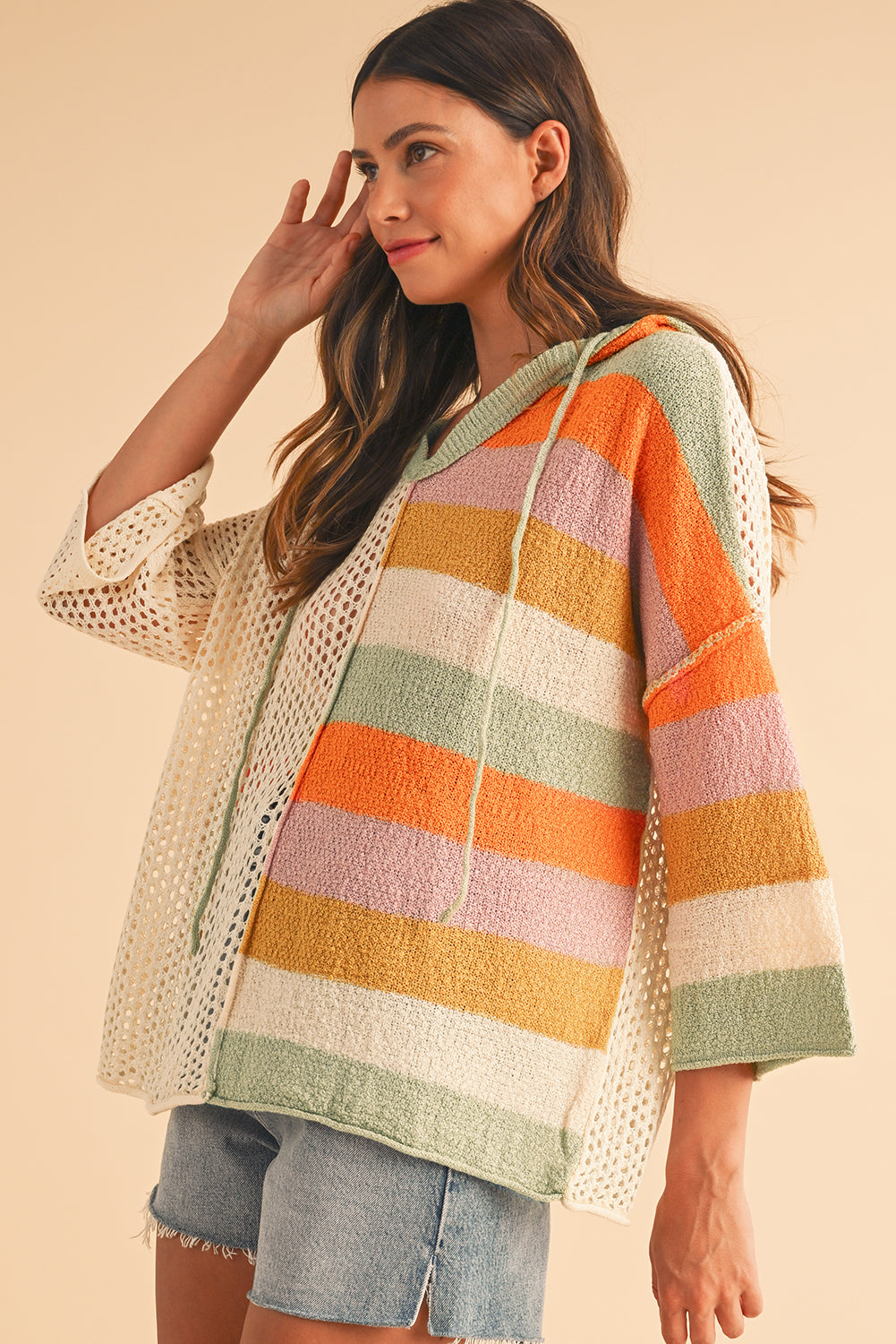 Pink Oversized Colorblock V Neck Hooded Sweater💕