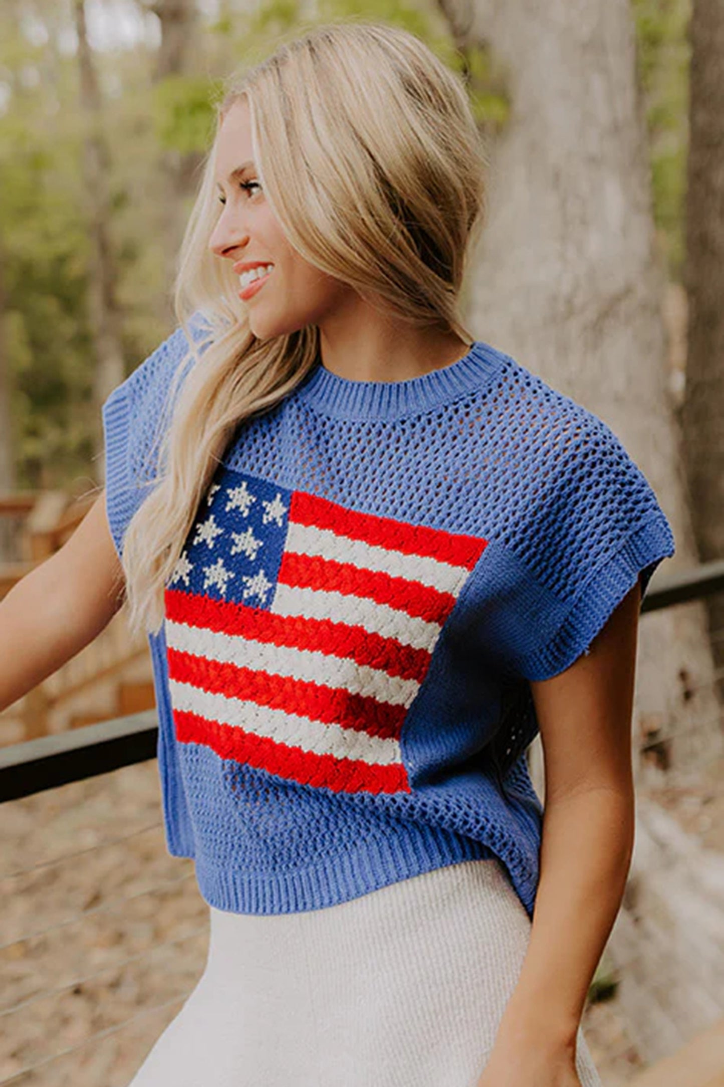 Fiery Red Flag Graphic Short Sleeve Sweater Top🇺🇸🎆