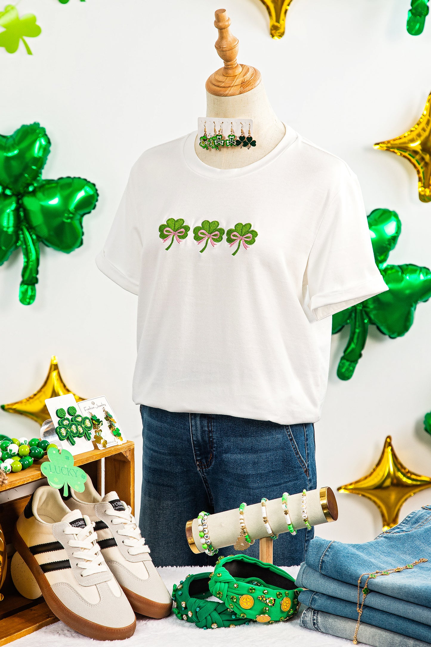 White Ribbon Bow Clover Embroidered Casual T Shirt☘️🎀