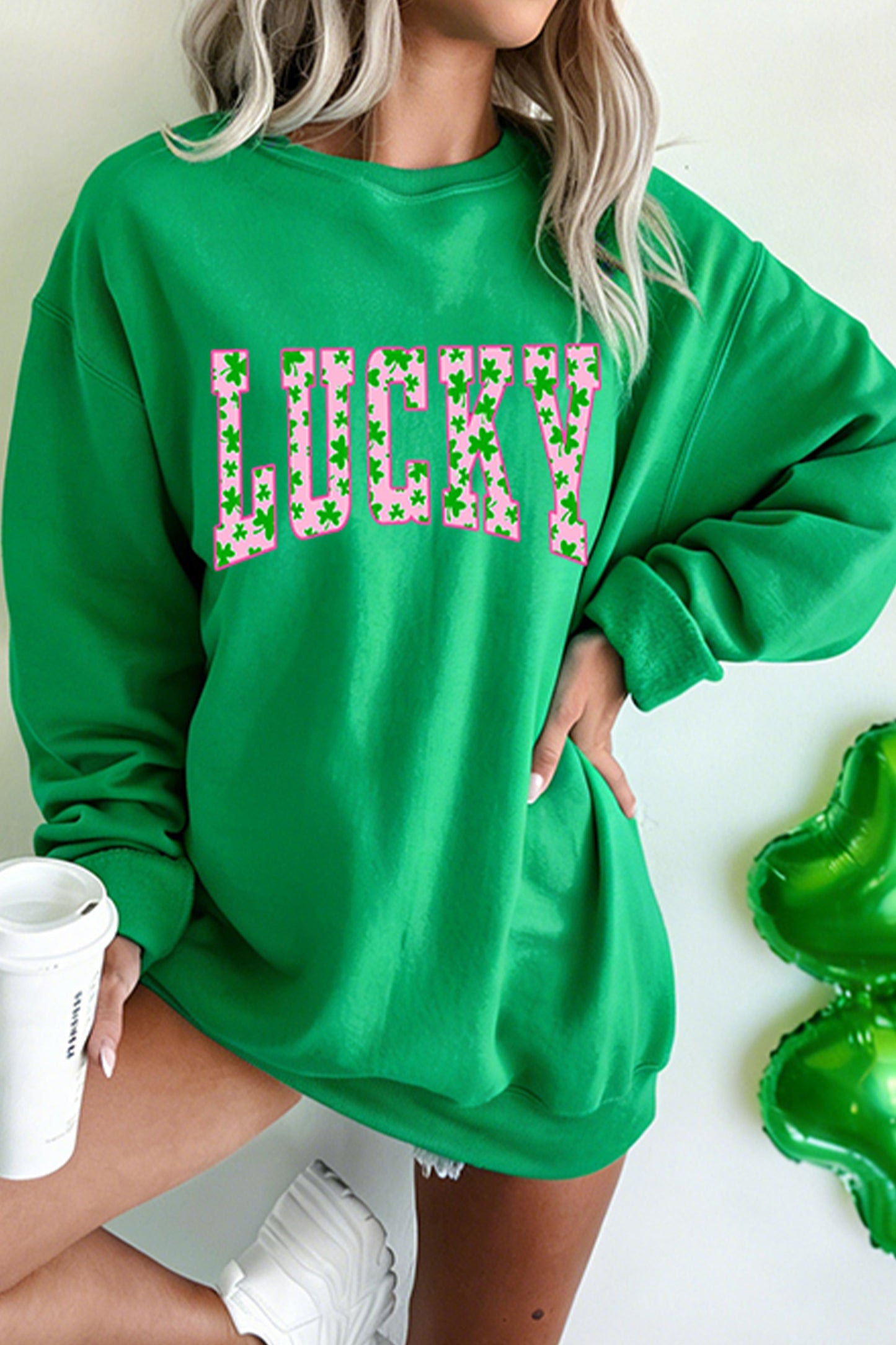 Dark Green LUCKY Clover Letter Printed Loose Pullover Sweatshirt☘️