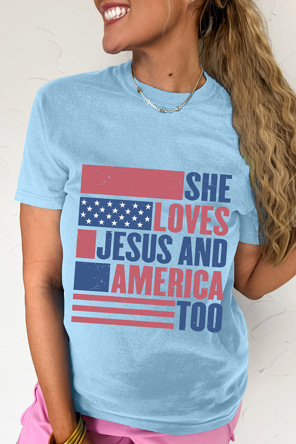 Light Blue SHE LOVES JESUS AND AMERICA TOO Heat Transfer Printing Patriotic T Shirt 🇺🇸