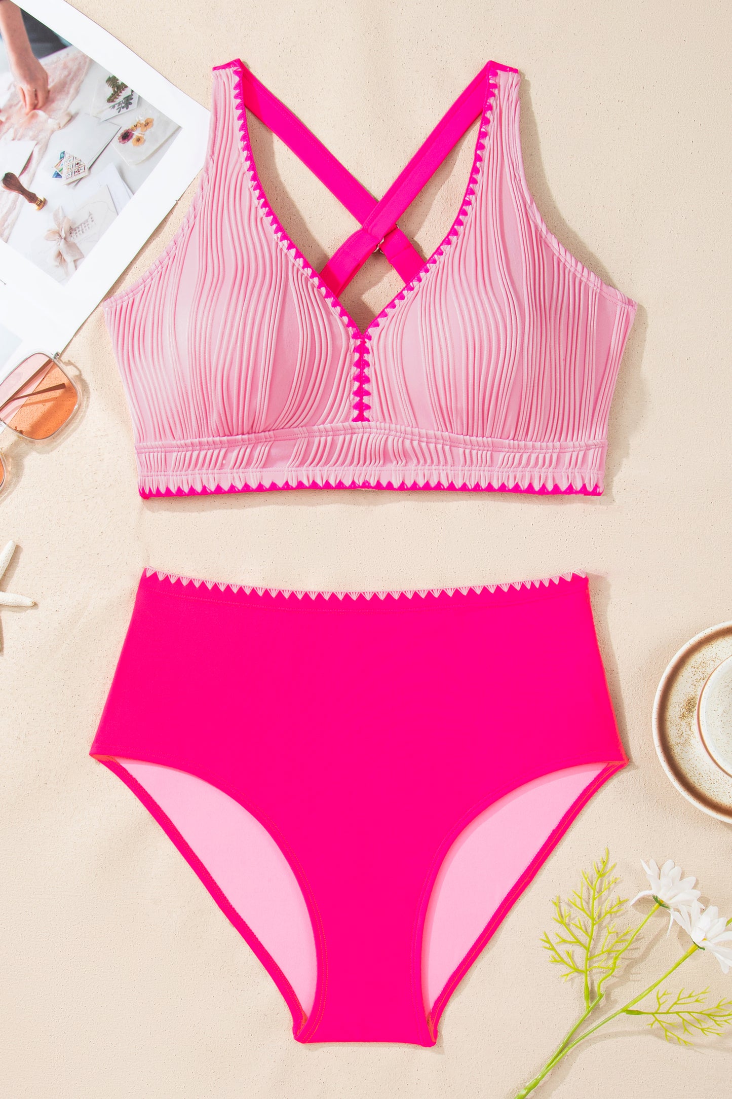 Pink Shell Stitched Trim V Neck Textured Mix and Match High Waist Bikinis