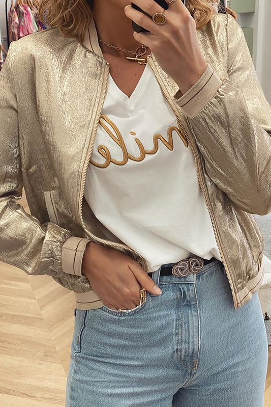 Pale Khaki Metallic Zip Up Baseball Pocket Jacket👸🏼✨
