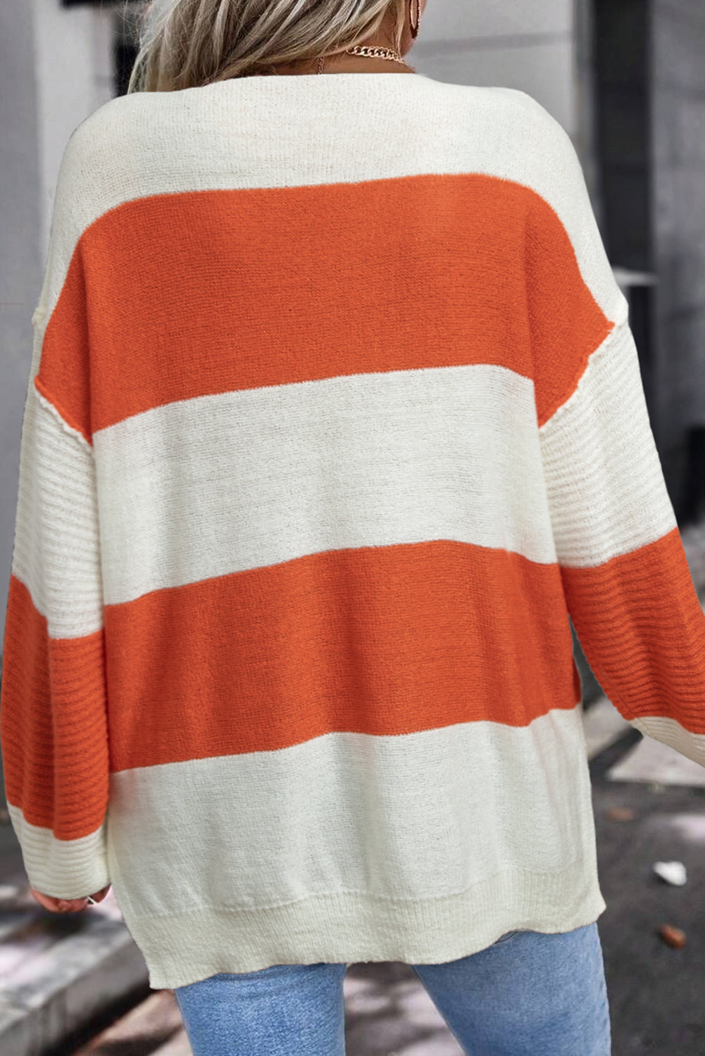 Red Stripe Colorblock V Neck Side Slits Sweater♥️