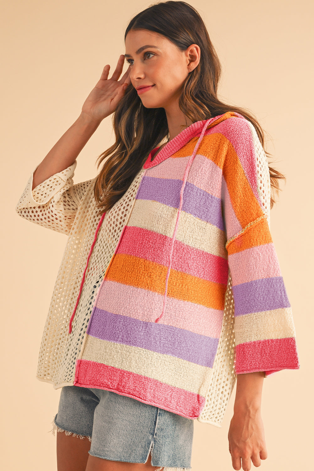 Pink Oversized Colorblock V Neck Hooded Sweater💕