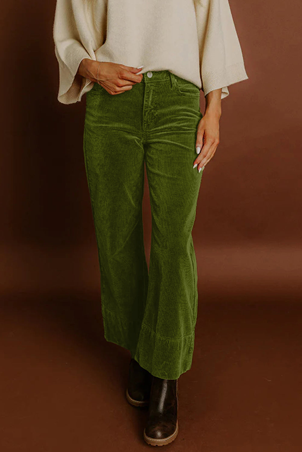 Vineyard Green Corduroy Solid Color High Waist Wide Leg Pants🍃