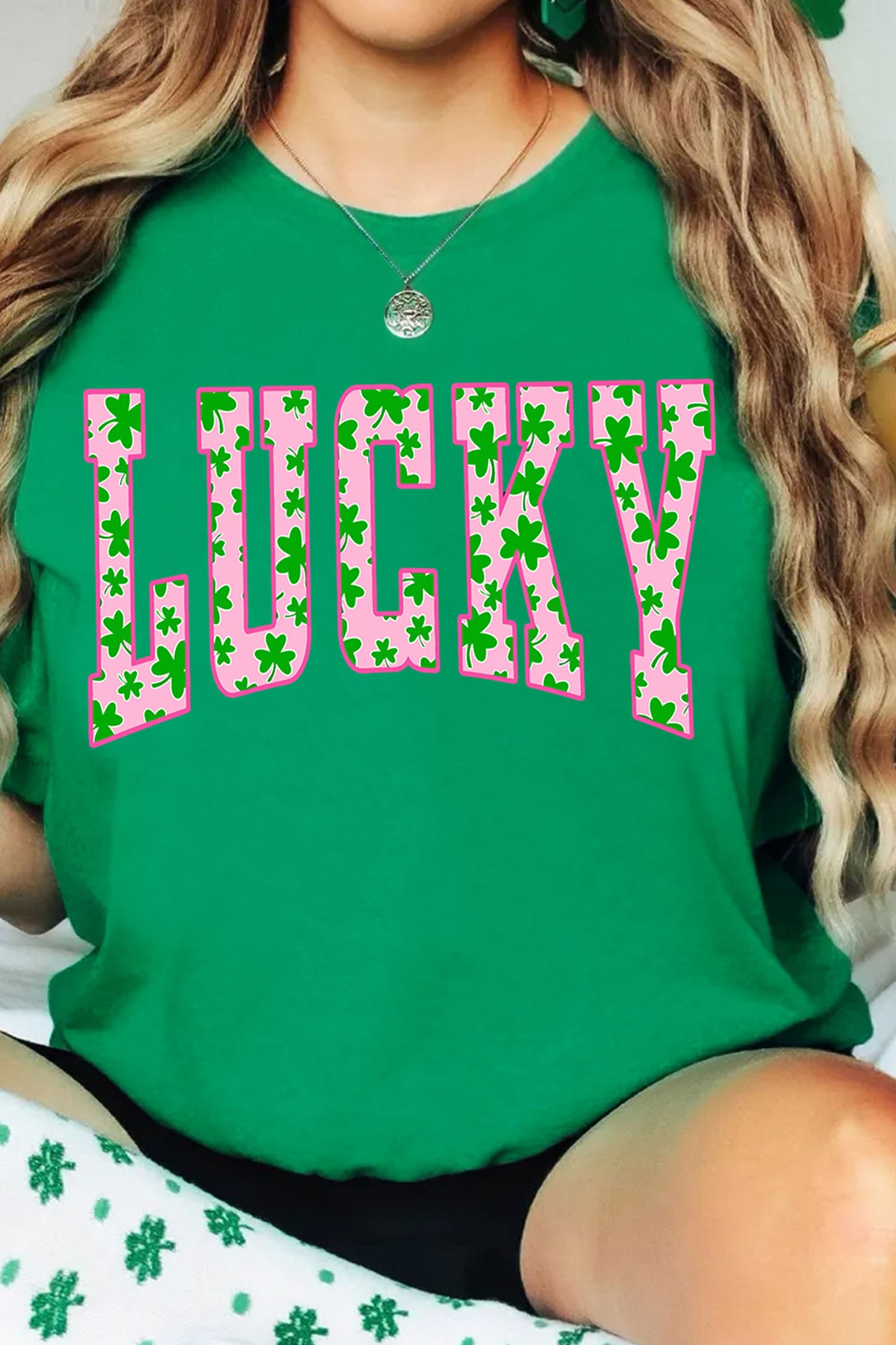 Bright Green LUCKY Clover Letter Printed Crew Neck T Shirt🍀