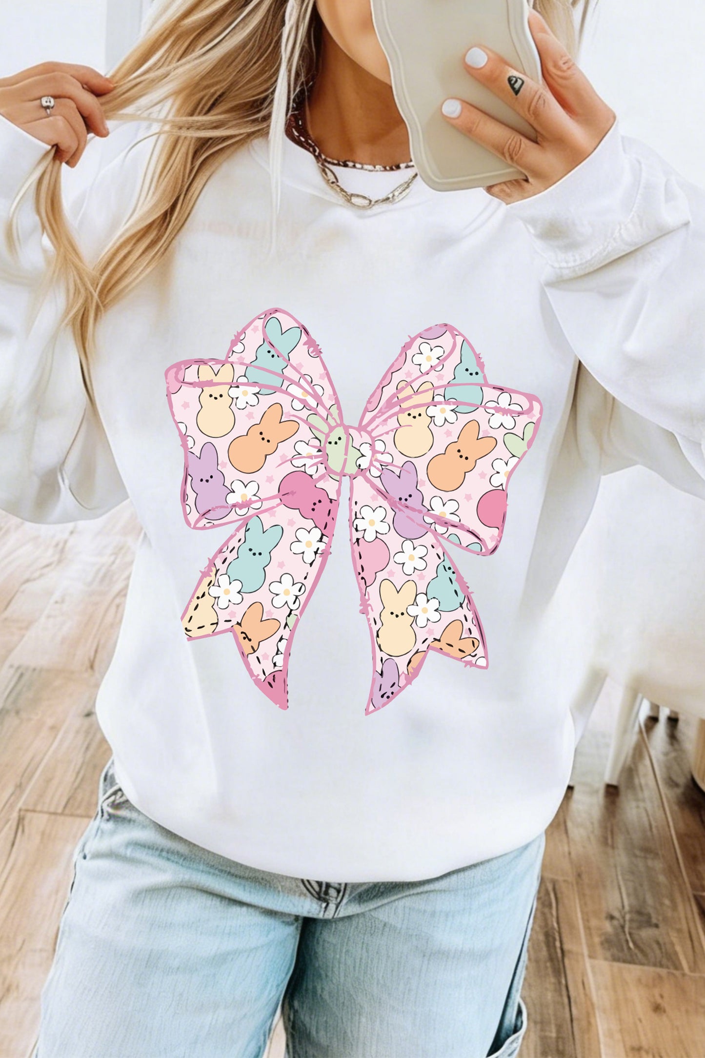 White Easter Bunny Bow Printed Casual Sweatshirt🌸🐰