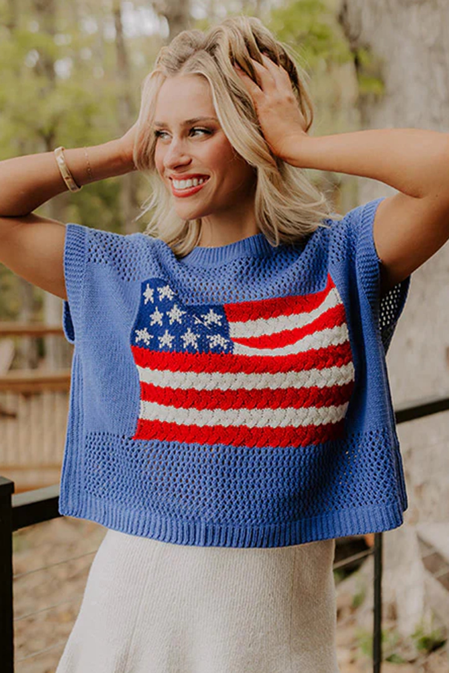 Fiery Red Flag Graphic Short Sleeve Sweater Top🇺🇸🎆