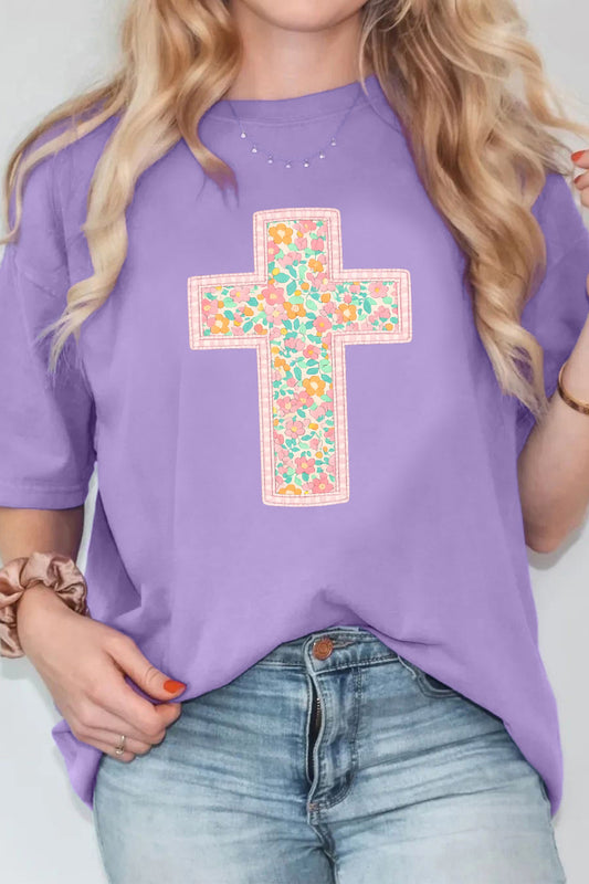 Wisteria Easter Floral Cross Christian Casual Tee✝️🌸💜