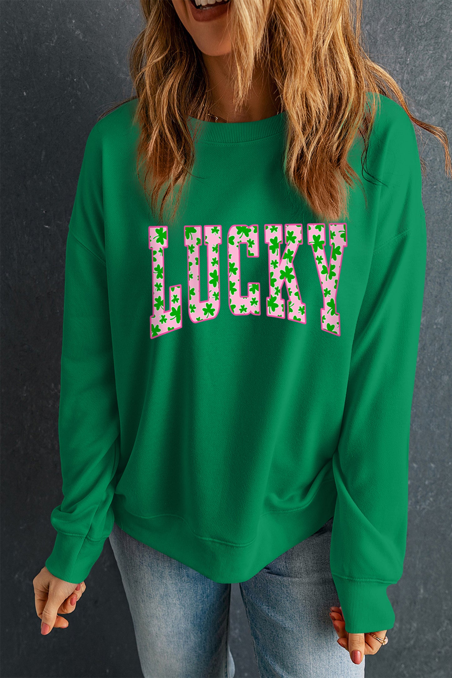 Dark Green LUCKY Clover Letter Printed Loose Pullover Sweatshirt☘️