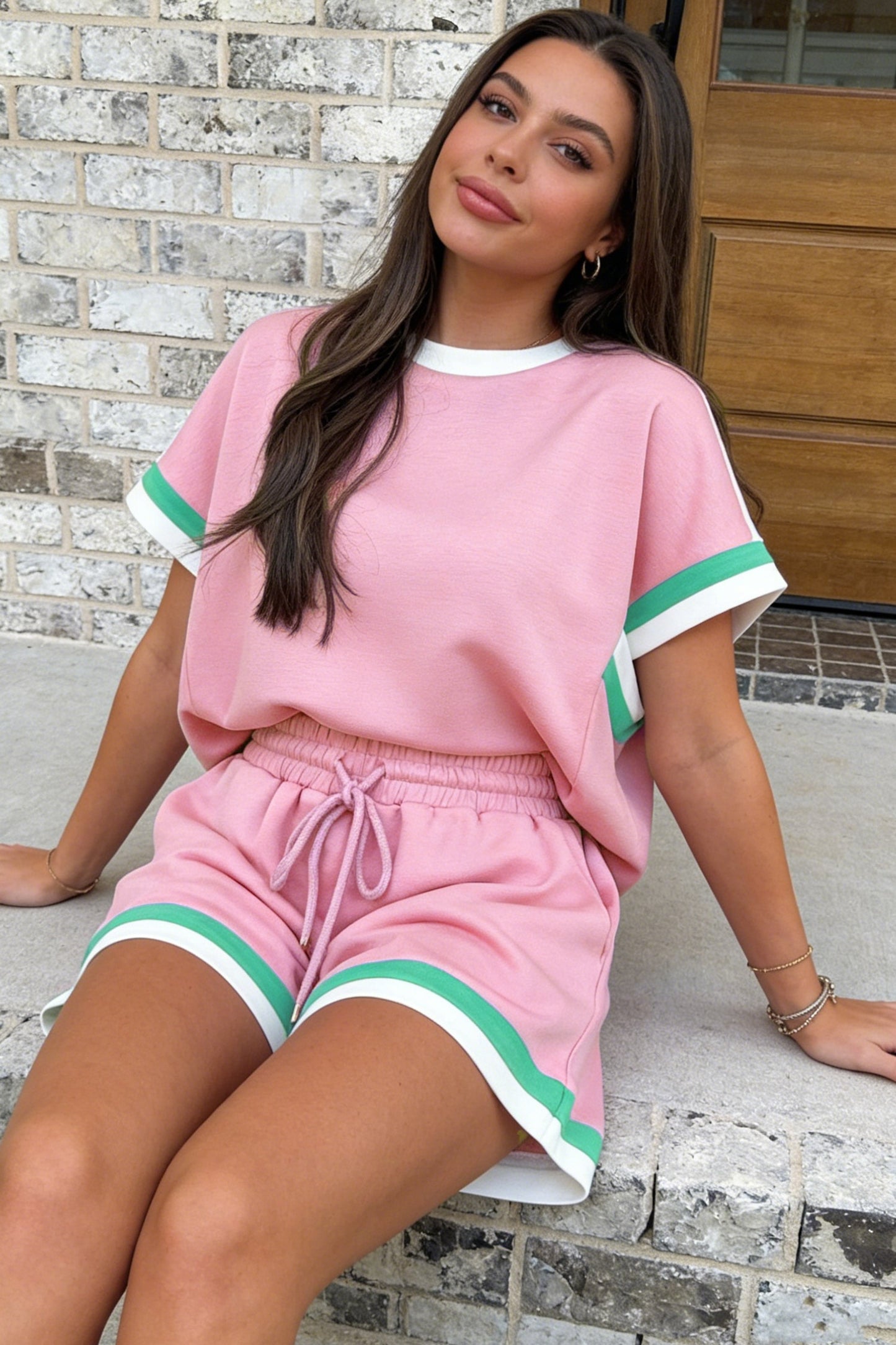 Mist Blue Striped Trim Casual Tee Drawstring Shorts 2pcs Set