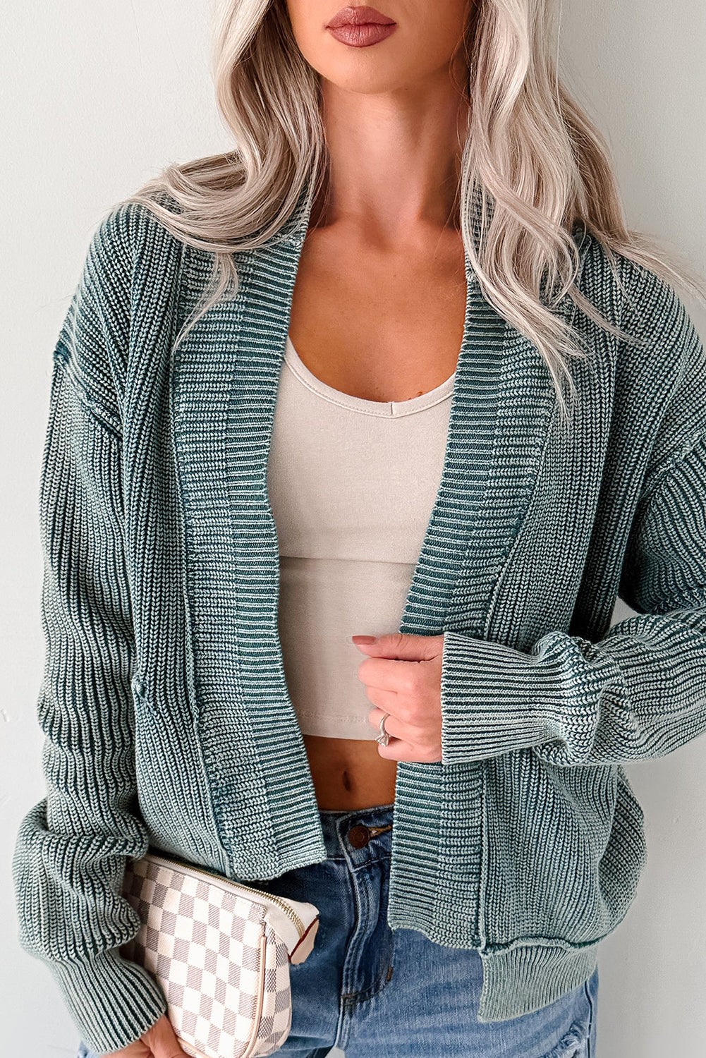 Evergreen Mineral Wash Exposed Seam Patchwork Knit Cardigan🩵