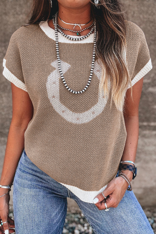 Goat Horse Shoe Pattern Contrast Trim Short Sleeve Sweater🤎