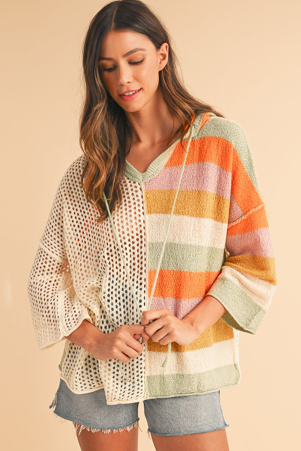 Pink Oversized Colorblock V Neck Hooded Sweater💕