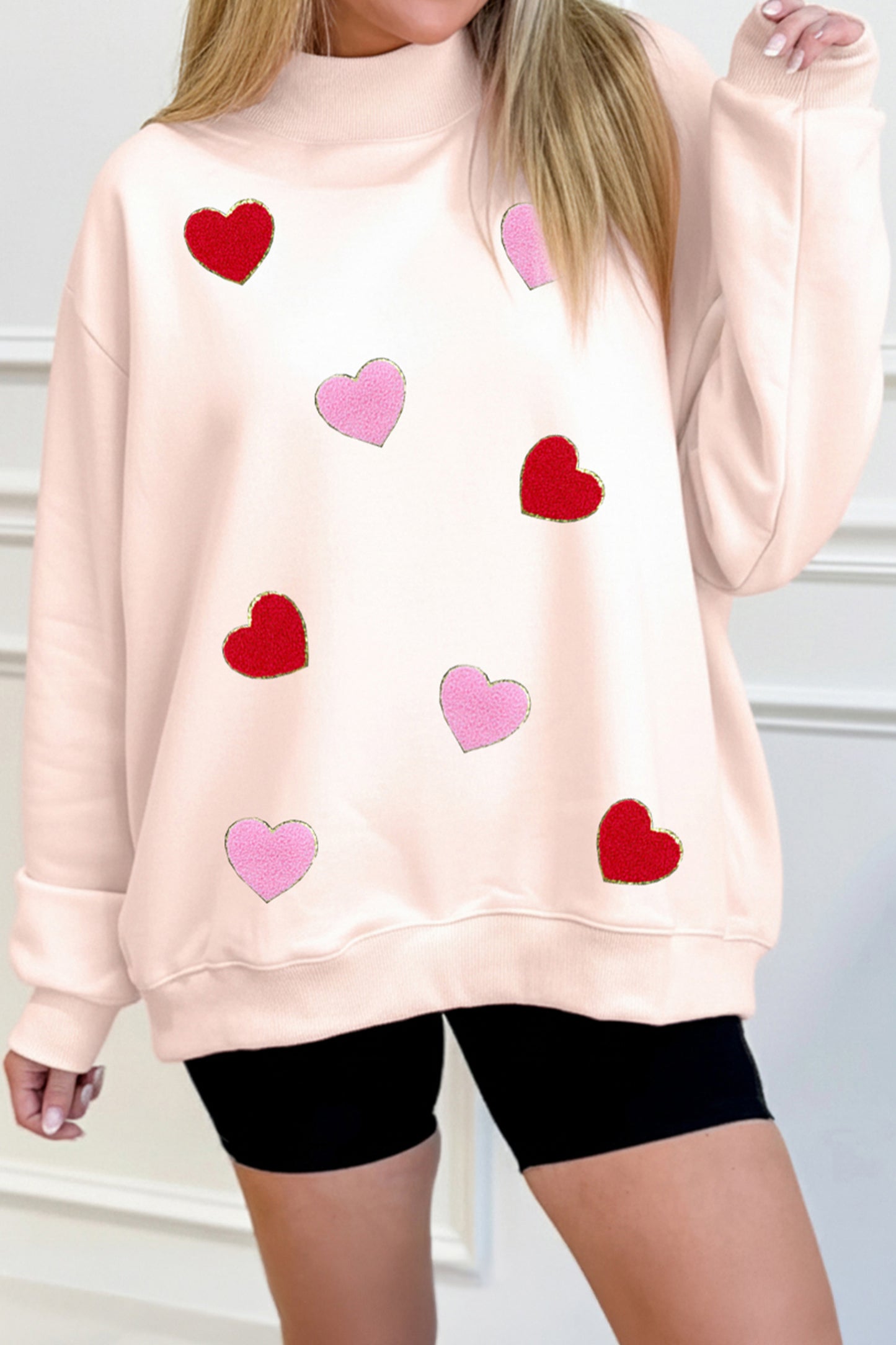 Apricot Pink Glitter Trim Chenille Heart Patched Mock Neck Sweatshirt💕
