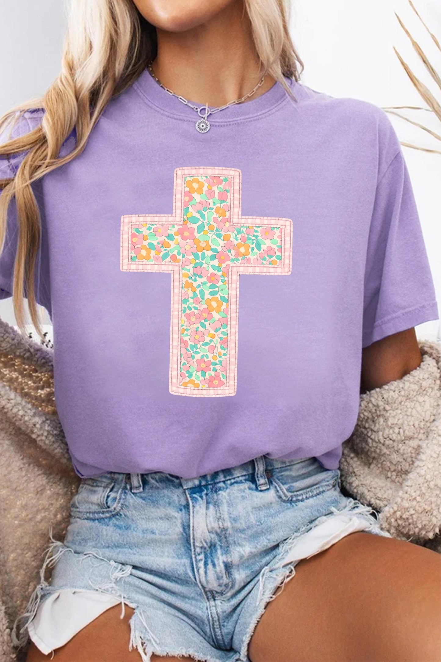 Wisteria Easter Floral Cross Christian Casual Tee✝️🌸💜