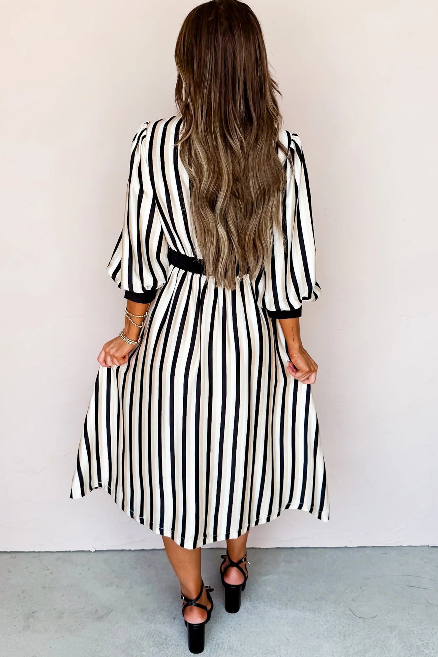 Black Stripe 3/4 Puff Sleeve Shirt Style Button Down Midi Dress 👗👸🏻✨