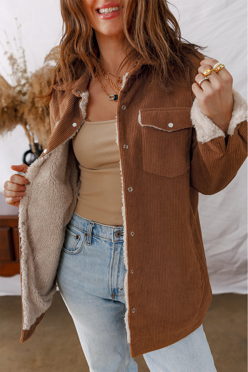Cinnamon Fleece Lined Buttoned Flap Pockets Corduroy Jacket🤎