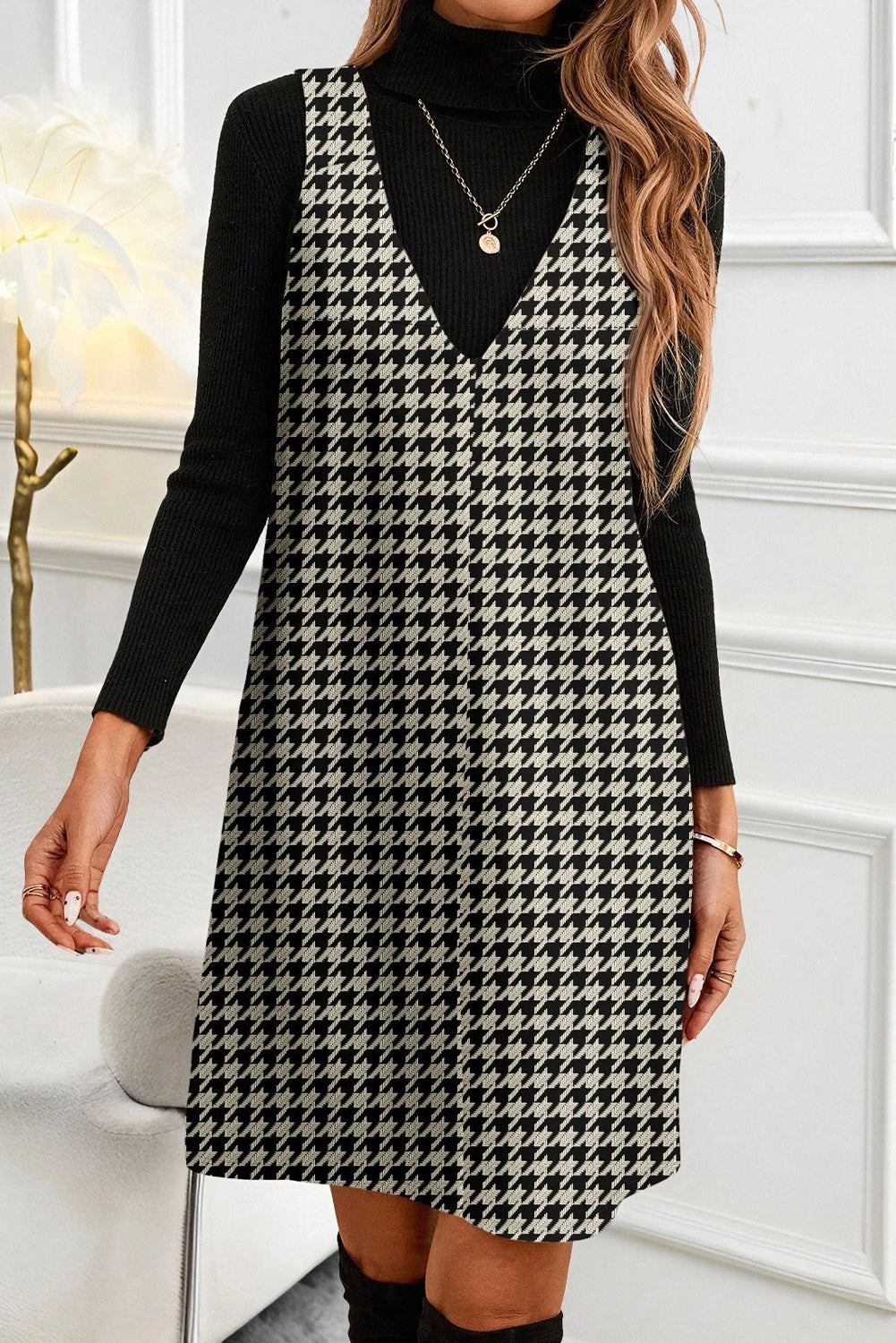 Khaki Houndstooth Print V Neck Sleeveless Mini Dress🪄👸🏻