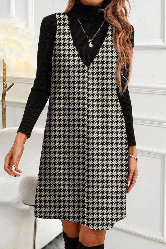Khaki Houndstooth Print V Neck Sleeveless Mini Dress🪄👸🏻