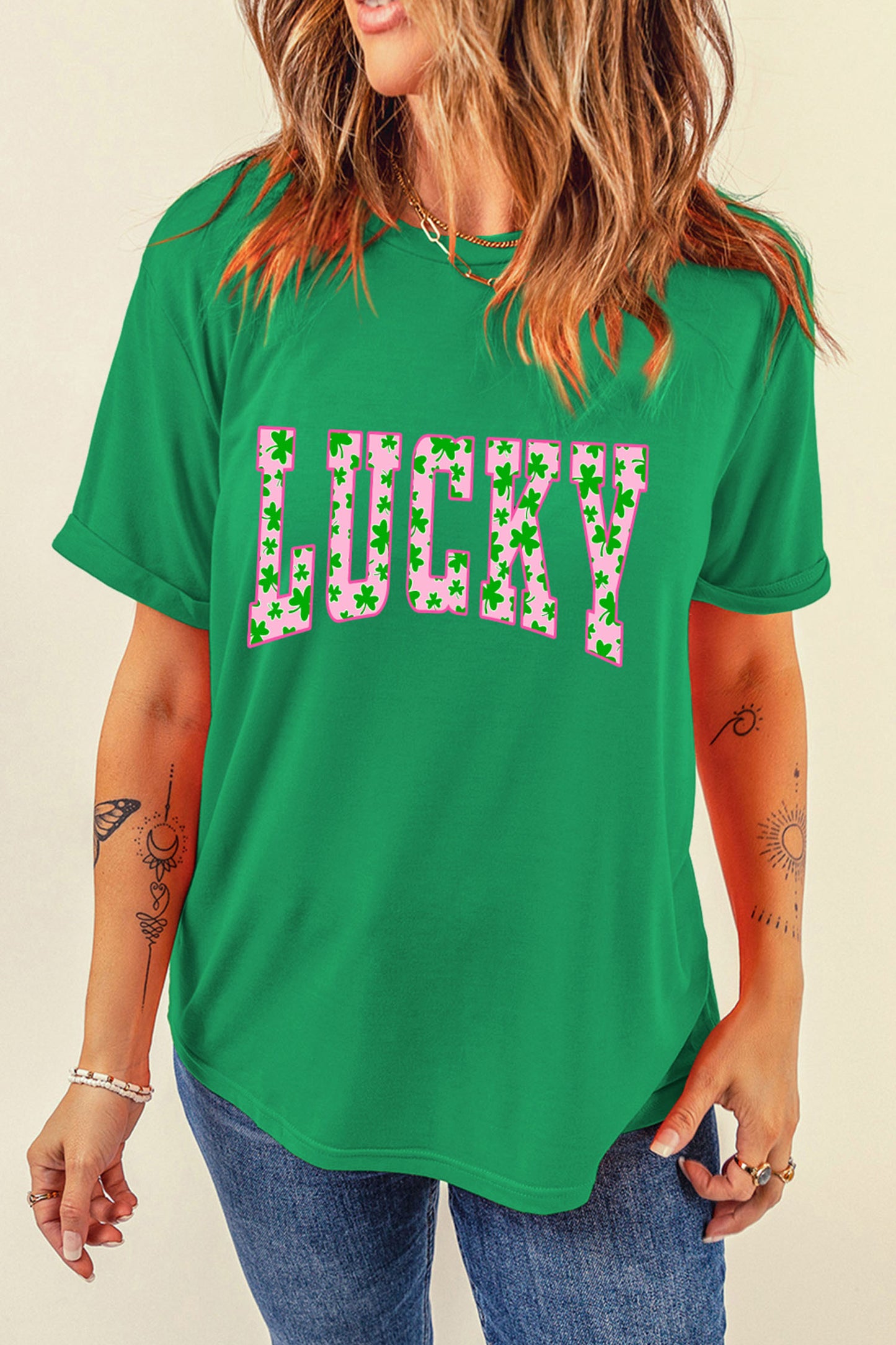 Bright Green LUCKY Clover Letter Printed Crew Neck T Shirt🍀