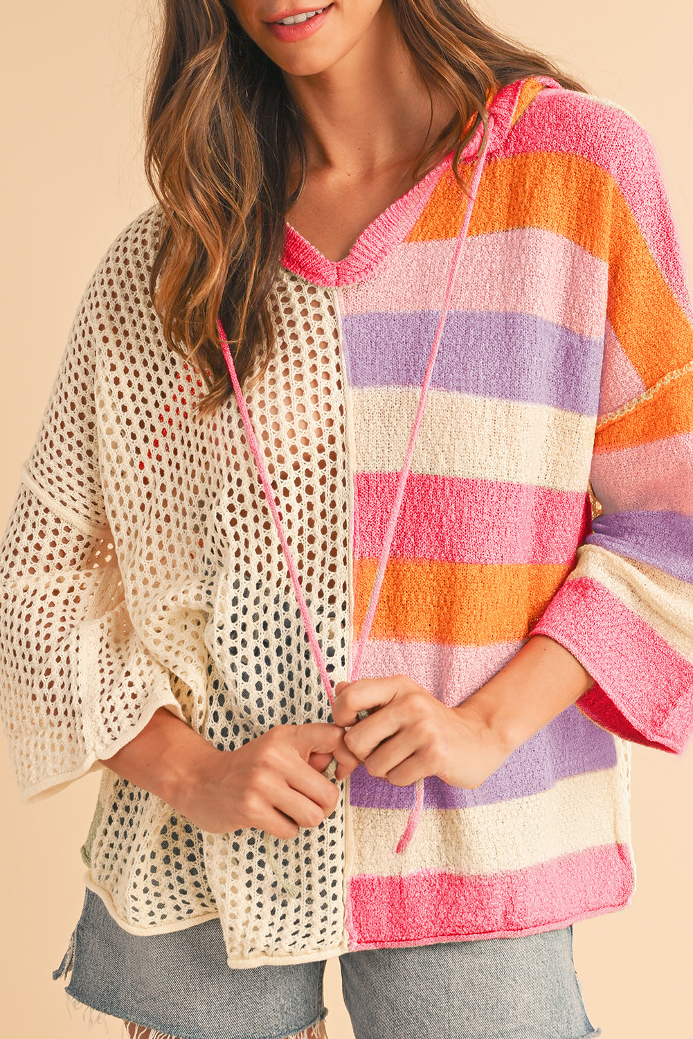 Pink Oversized Colorblock V Neck Hooded Sweater💕