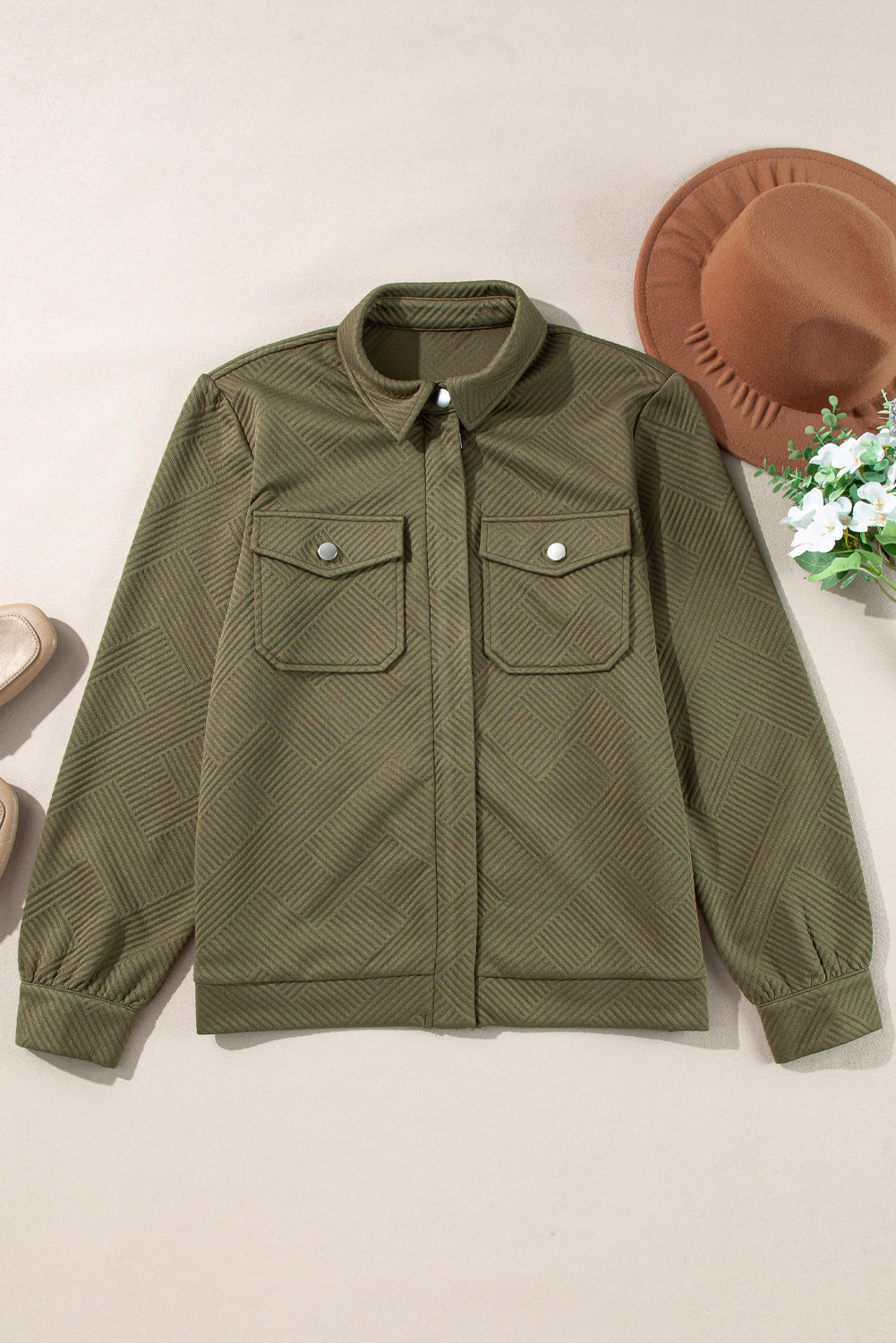 Blackish Green Solid Color Zip Up Button Flap Pocket Shirt Collar Jackets