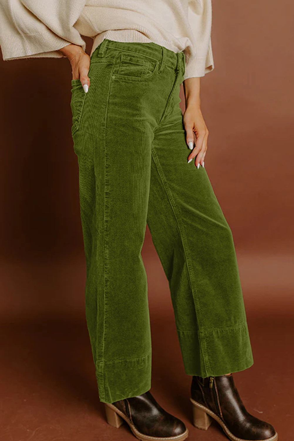Vineyard Green Corduroy Solid Color High Waist Wide Leg Pants🍃