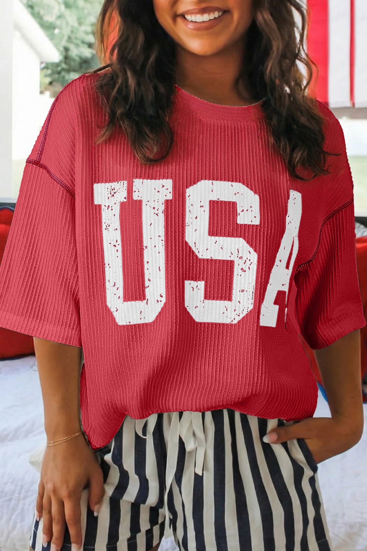 Beau Blue USA Graphic Half Sleeve Loose Ribbed Top