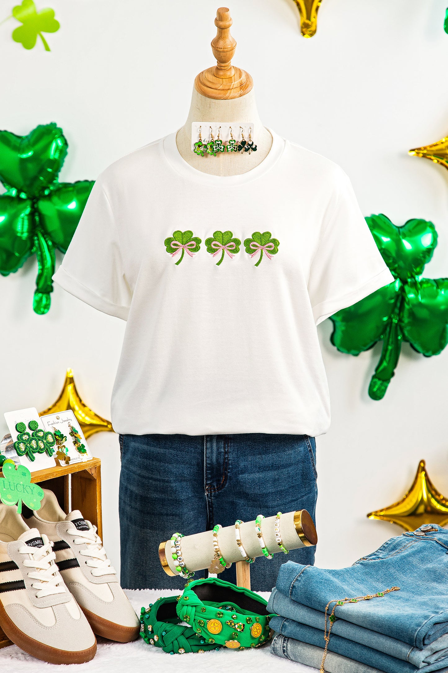 White Ribbon Bow Clover Embroidered Casual T Shirt☘️🎀