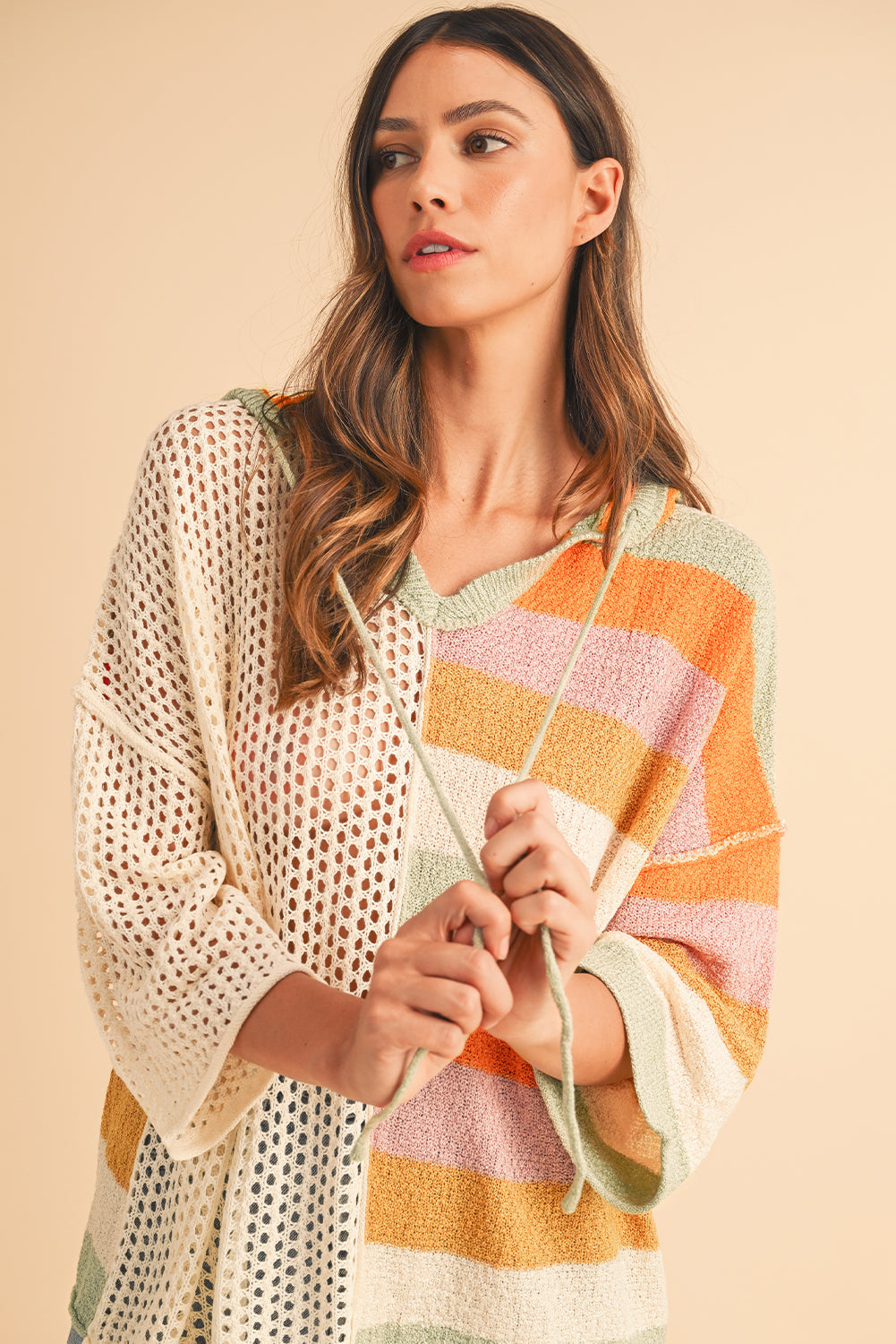 Pink Oversized Colorblock V Neck Hooded Sweater💕