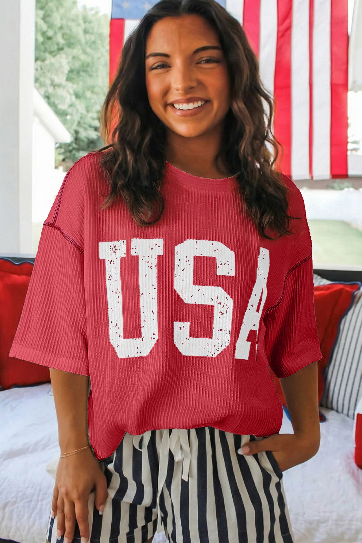 Beau Blue USA Graphic Half Sleeve Loose Ribbed Top